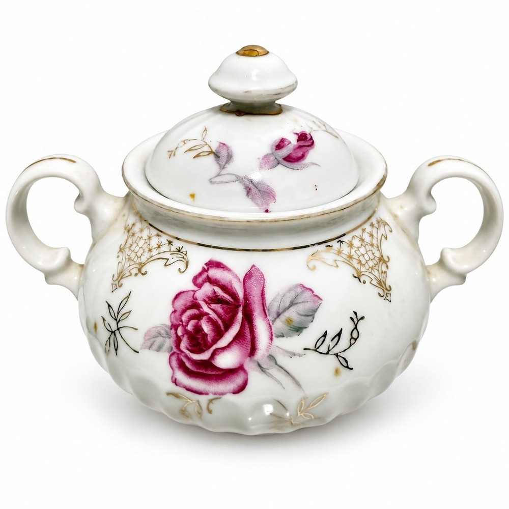 Vintage Japan Covered Sugar Bowl Pink Rose Floral Gold Trim Double Handle